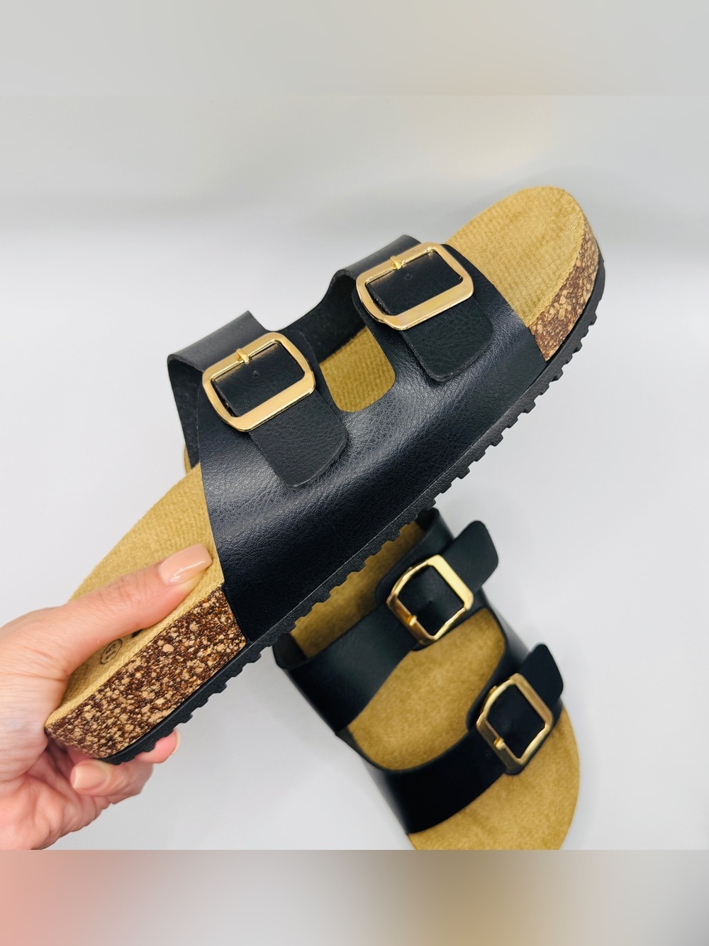 NWT Classic Double Buckle Black Cork Footbed Sandals - Size 5.5 - Picture 7 of 7